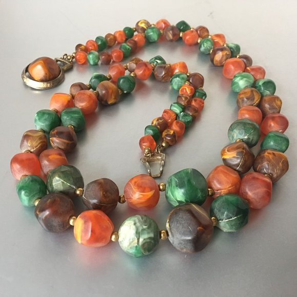 Orange Green Marbleized Beads Necklace Vintage Jewelry - Picture 1 of 7